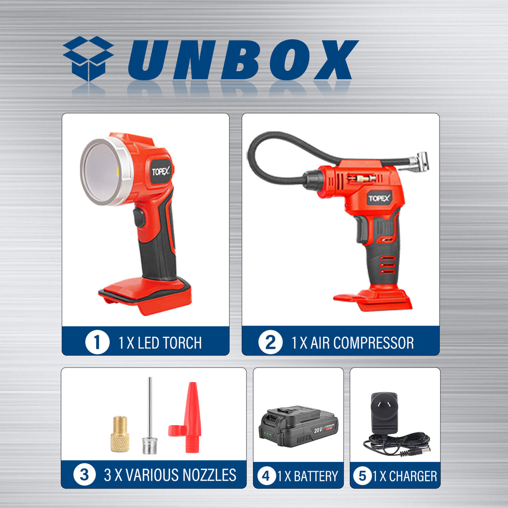 TOPEX 20V Cordless Combo Kit Tyre Inflator w/ Lightweight LED Torch(One Battery Included)