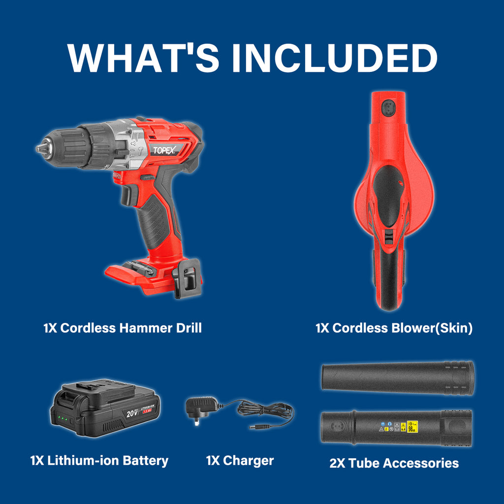 TOPEX 20V Cordless Drill Leaf Blower Power Tool Combo Kit w/ Battery
