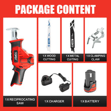 Load image into Gallery viewer, TOPEX 12V Cordless Reciprocating Saw w/  2 Saw Blades & Clamping Claw  Cutting Depth 65 mm