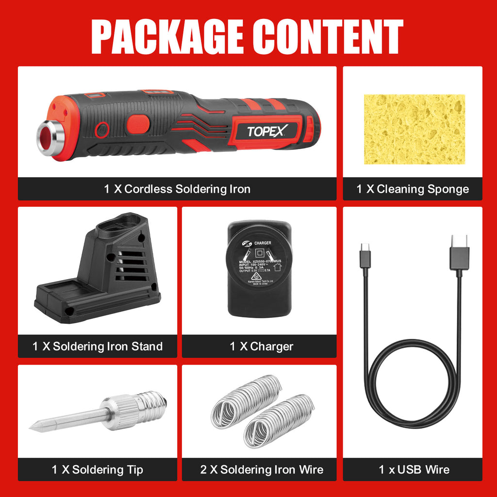 TOPEX 4V Max Cordless Soldering Iron and Charger, Cordless Soldering Iron Kit, 12 Sec Quick Heat Up