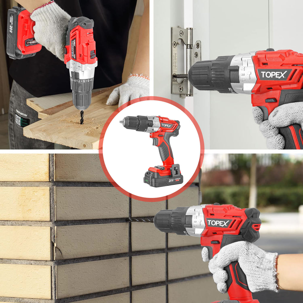 TOPEX 20V Max Cordless Hammer Drill w/ Li-Ion Battery & Drill Bit Set