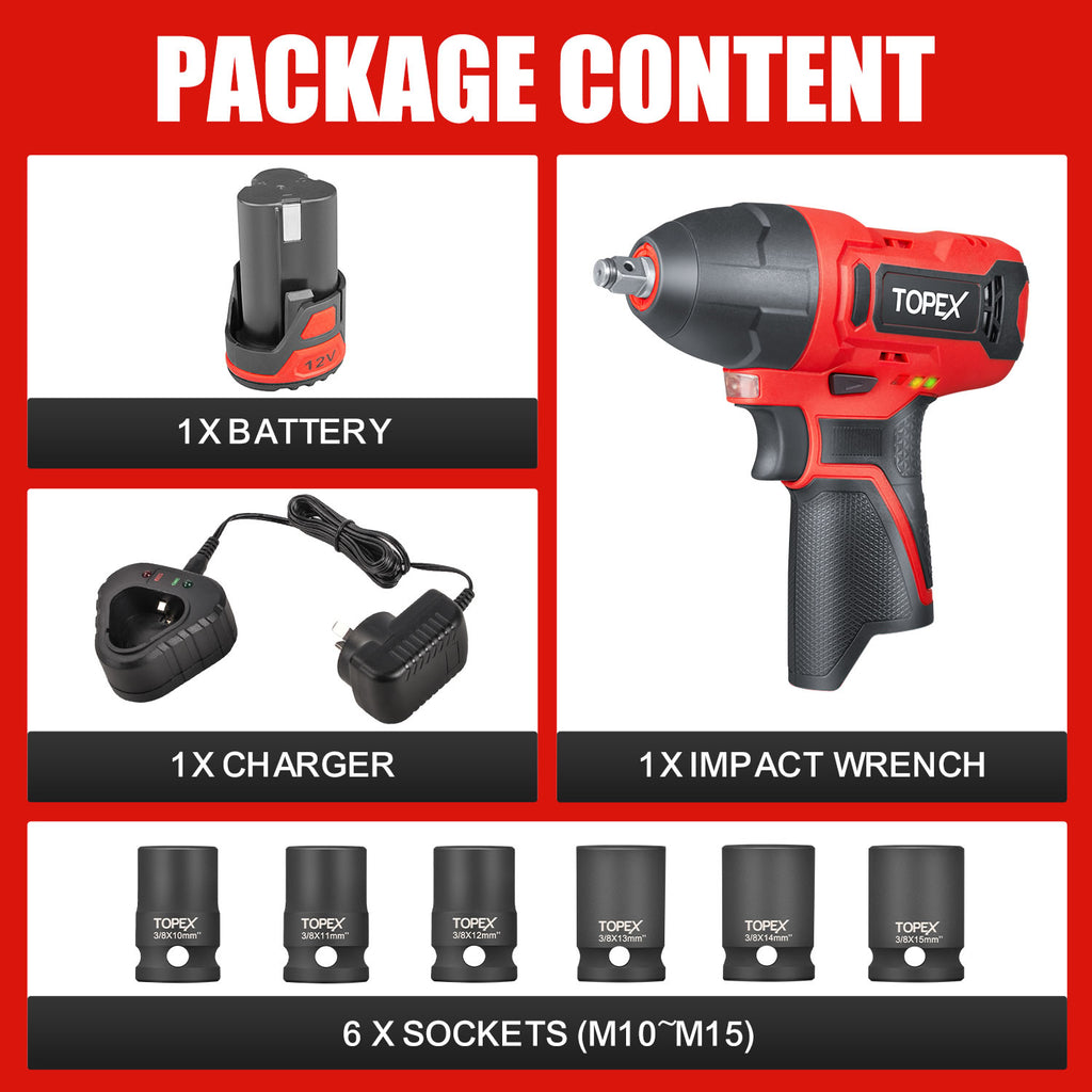 TOPEX 12V Cordless Impact Wrench with 3/8-Inch Chuck, Torque Max 120 N.m, 6 Sockets