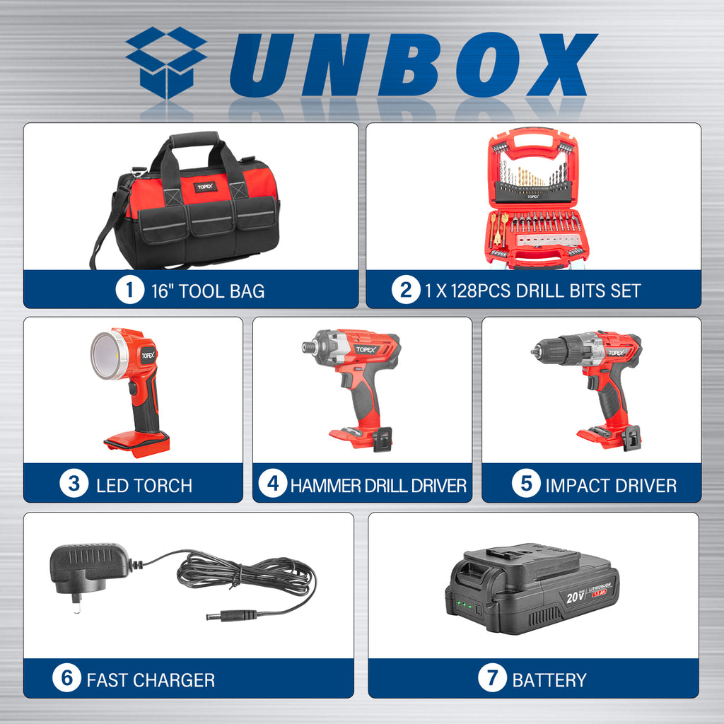 TOPEX 20V Cordless Hammer Drill Impact Driver Power Tool Combo Kit w/ Drill Bits & Tool Bag