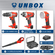 Load image into Gallery viewer, TOPEX 20V Combo Kit Hammer Drill Impact Driver Light Leaf Blower w/ 2 Batteries