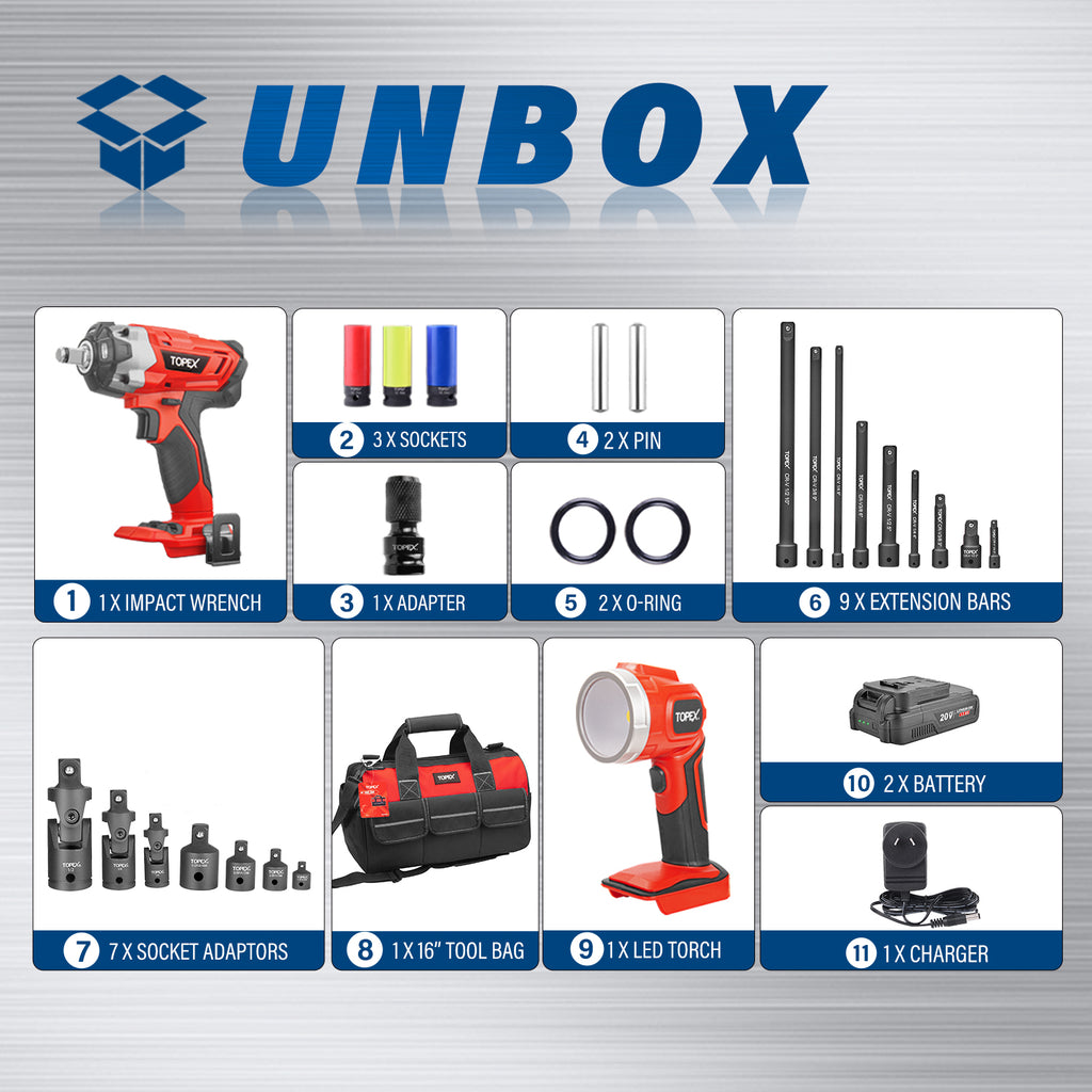 TOPEX 20V Cordless Combo Kit Impact Wrench Driver 7-piece Socket Adaptor 9-Piece Extension Bar Set 20V LED Light w/Tool Bag