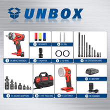 Load image into Gallery viewer, TOPEX 20V Cordless Combo Kit Impact Wrench Driver 7-piece Socket Adaptor 9-Piece Extension Bar Set 20V LED Light w/Tool Bag