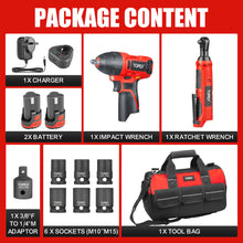 Load image into Gallery viewer, TOPEX 12V Power Tool Twin Kit Cordless Wrenches Impact Wrench with 6 Sockets & 3/8" Electric Ratchet Wrench 300RPM Variable Speed LED Light w/ 2 Lithium-Ion Batteries & 16-inch Multi-Pocket Tool Bag