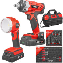 Load image into Gallery viewer, TOPEX 20V Cordless Combo Kit Impact Wrench Driver 7-piece Socket Adaptor 9-Piece Extension Bar Set 20V LED Light w/Tool Bag
