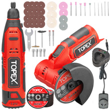 Load image into Gallery viewer, TOPEX 12V Cordless Rotary Tool Speed 5000-25000rpm With 12V Cordless Angle Grinder,12V 2.0Ah Lithium-Ion Battery&14.4V /0.4A charger
