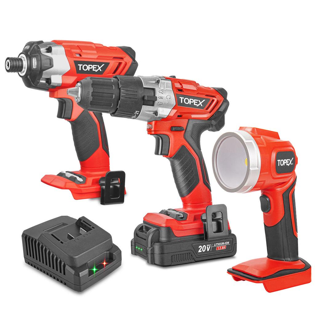 TOPEX 20 V Cordless Kit: Hammer Drill, Impact Driver, LED Light w/ Fast Charger