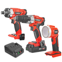 Load image into Gallery viewer, TOPEX 20 V Cordless Kit: Hammer Drill, Impact Driver, LED Light w/ Fast Charger
