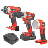 TOPEX 20 V Cordless Kit: Hammer Drill, Impact Driver, LED Light w/ Fast Charger