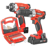 TOPEX 20V Cordless Hammer Drill Impact Driver Power Tool Combo Kit w/ Drill Bits