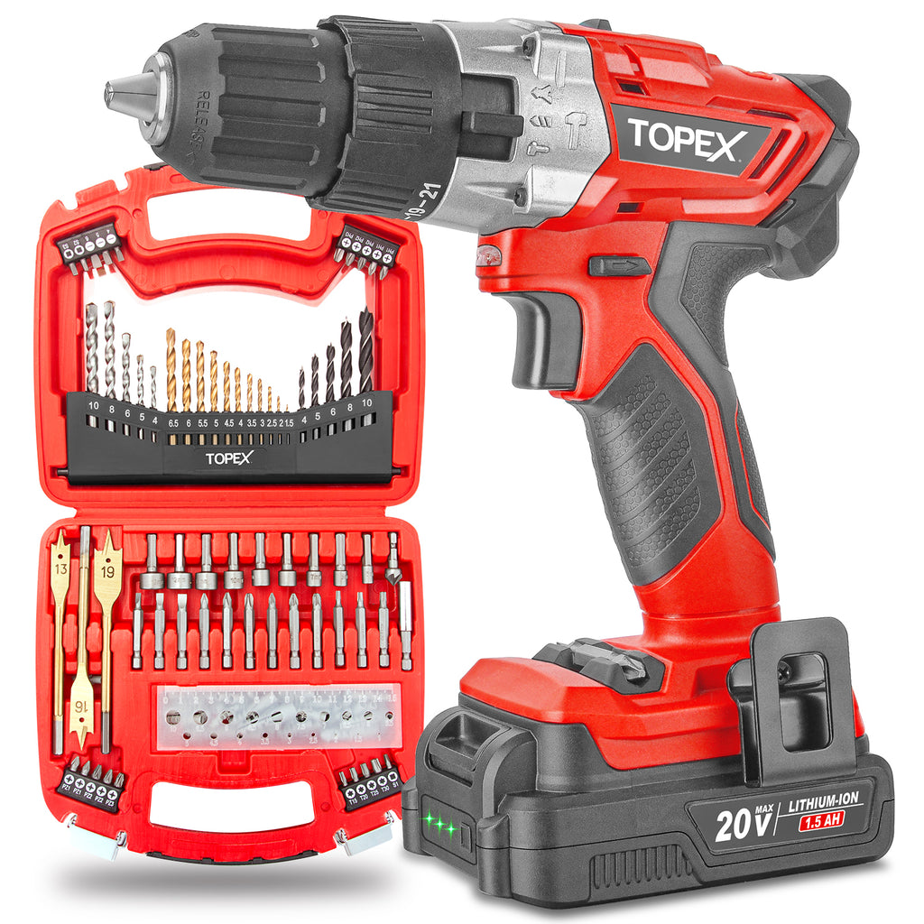 TOPEX 20V Max Cordless Hammer Drill w/ Li-Ion Battery & Drill Bit Set