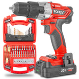 TOPEX 20V Max Cordless Hammer Drill w/ Li-Ion Battery & Drill Bit Set
