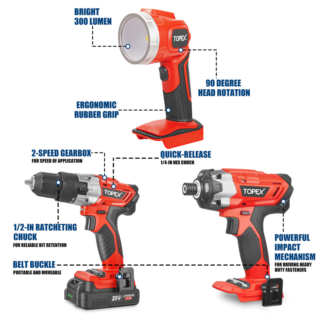 TOPEX 20V Cordless Hammer Drill Impact Driver Power Tool Combo Kit w/ Drill Bits & Tool Bag