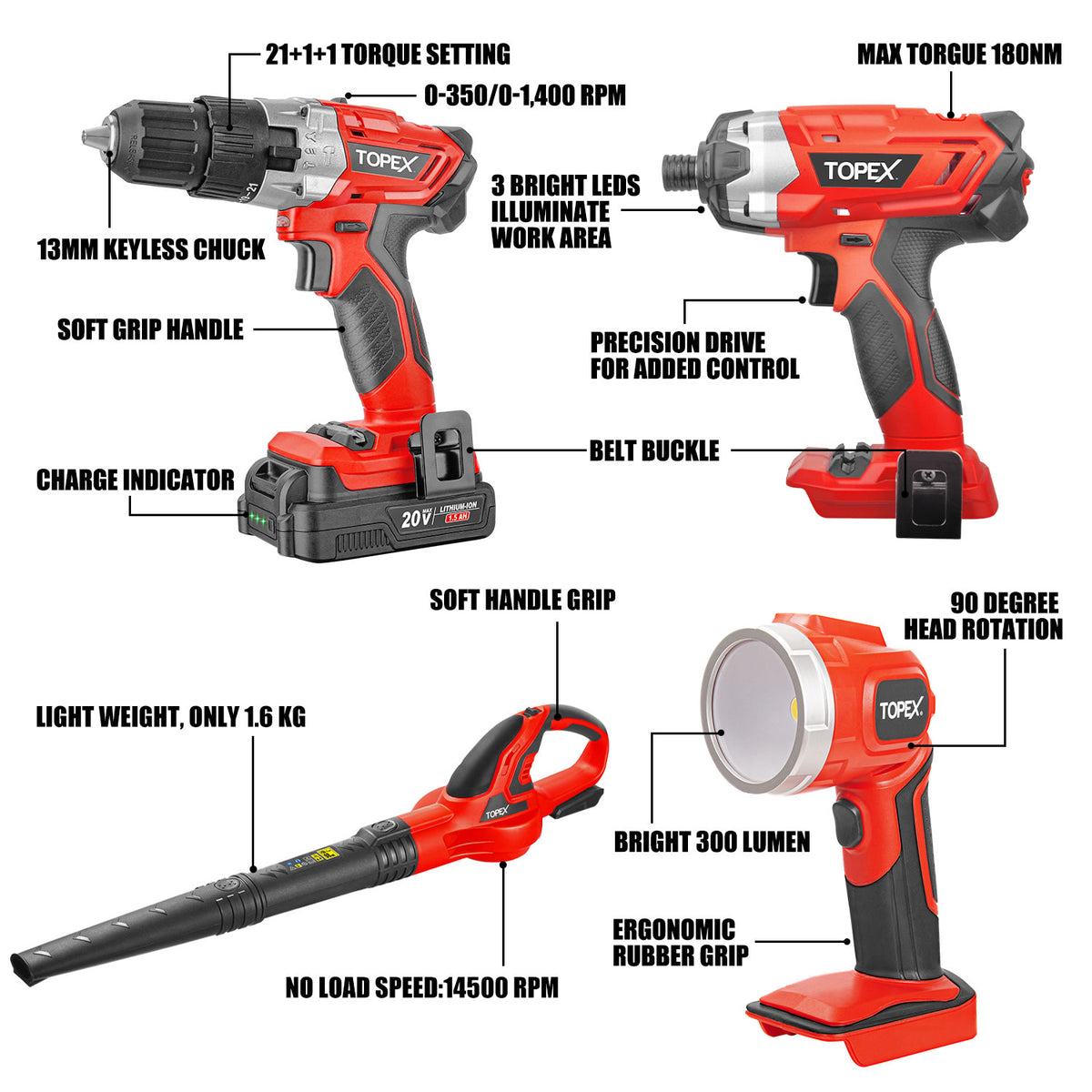 TOPEX 20V Combo Kit Hammer Drill Impact Driver Light Leaf Blower w 2 Batteries