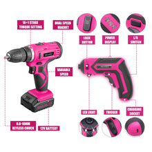 Load image into Gallery viewer, Monika Pink Power Tool Combo Set Cordless Drill Driver Rechargeable Screwdriver ELectric Cutter w/ 159PCS Household Tool Set & 20PCS Gardening Kit