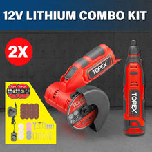 Load image into Gallery viewer, TOPEX 12V Cordless Rotary Tool Speed 5000-25000rpm With 12V Cordless Angle Grinder,12V 2.0Ah Lithium-Ion Battery&14.4V /0.4A charger
