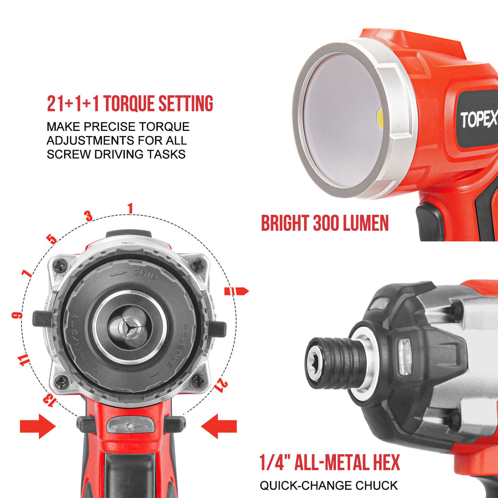 TOPEX 20 V Cordless Kit: Hammer Drill, Impact Driver, LED Light w/ Fast Charger