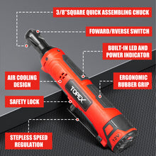 Load image into Gallery viewer, TOPEX 3/8" 12V Cordless Electric Ratchet Wrench 45NM/33.2ft-lbs 300RPM Variable Speed & LED Light