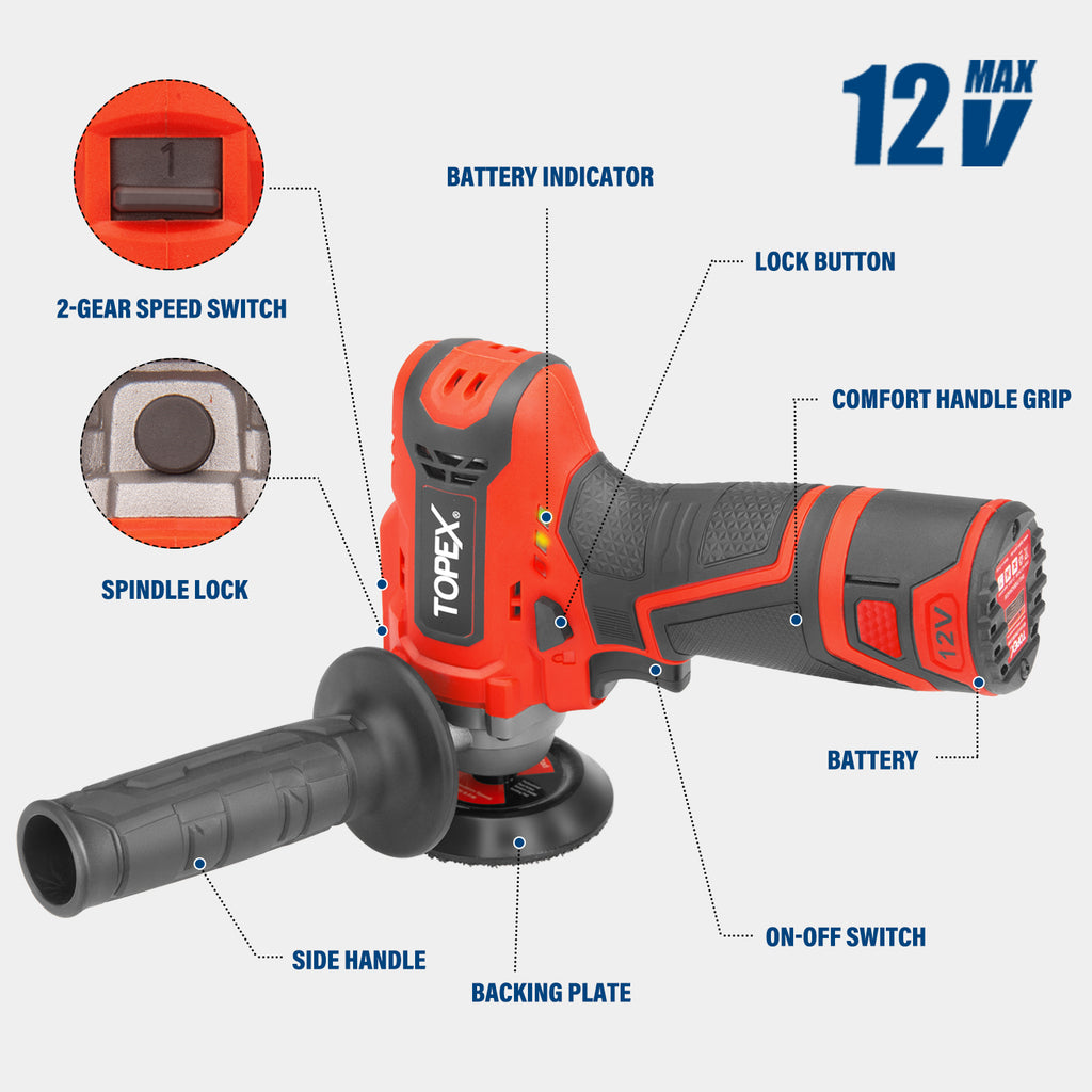 TOPEX 12V Cordless Polisher Lithium-Ion LED Torch w/ Battery & Charger