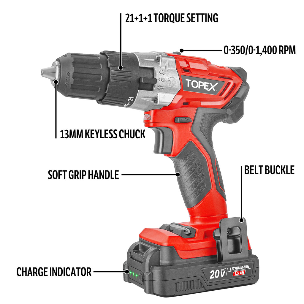 TOPEX 20V Max Cordless Hammer Drill w/ Li-Ion Battery & Drill Bit Set