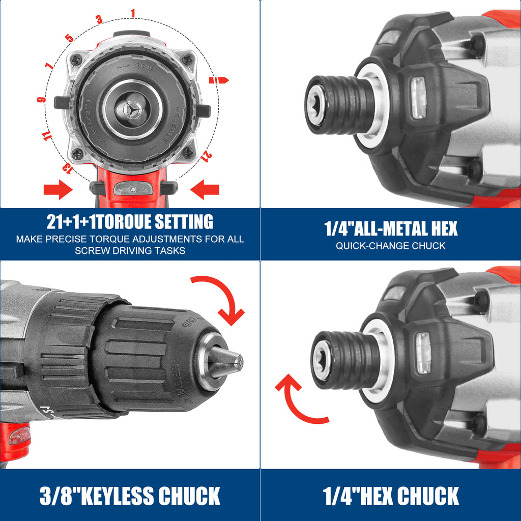 TOPEX 20V Cordless Hammer Drill Impact Driver Power Tool Combo Kit w/ Drill Bits & Tool Bag