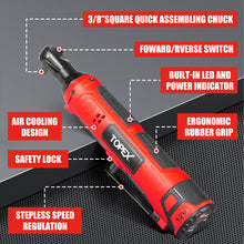 Load image into Gallery viewer, TOPEX 12V Power Tool Twin Kit Cordless Wrenches Impact Wrench with 6 Sockets & 3/8" Electric Ratchet Wrench 300RPM Variable Speed LED Light w/ 2 Lithium-Ion Batteries & 16-inch Multi-Pocket Tool Bag