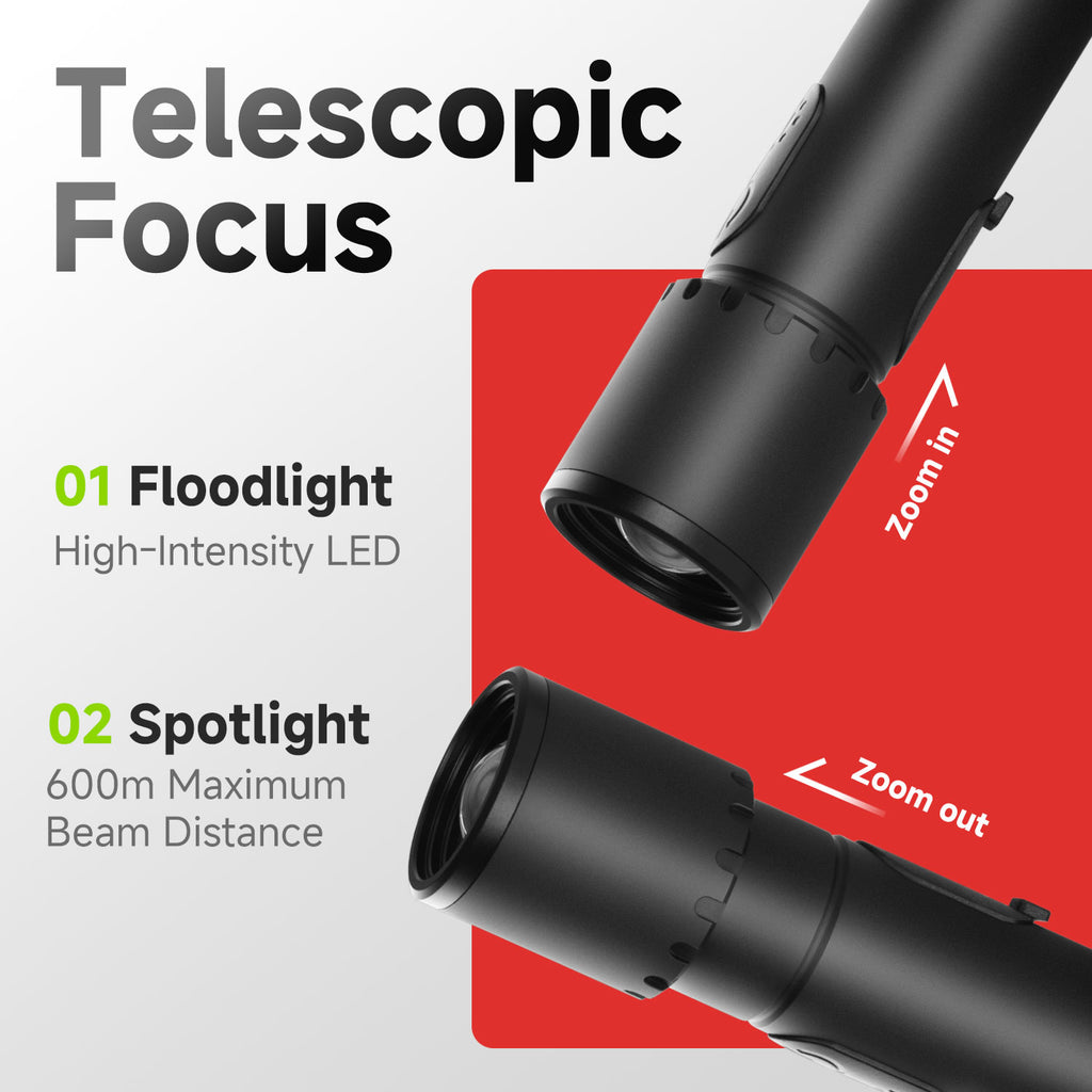 TOPEX LED Torch Rechargeable, 800 Lumens, 600M Super Bright Adjustable Focus Flashlight, 9 Lighting Modes, Waterproof Torch for Camping, Outdoor