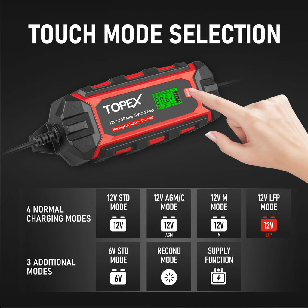 TOPEX Car Battery Charger, 10A 6V/12V Smart Automatic Battery Charger Maintainer with LCD Display for Lead Acid, LiFePo4 Battery in Truck, Motorcycle