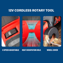 Load image into Gallery viewer, TOPEX 12V Cordless Rotary Tool Speed 5000-25000rpm With 12V Cordless Angle Grinder,12V 2.0Ah Lithium-Ion Battery&14.4V /0.4A charger