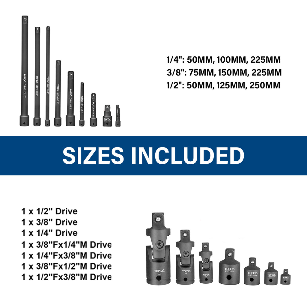 TOPEX 16-piece Socket Adaptor& Extension Bar Set