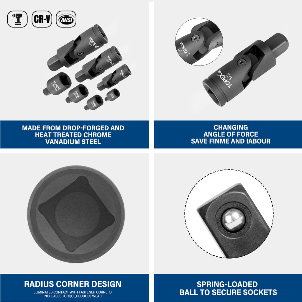TOPEX 20V Cordless Combo Kit Impact Wrench Driver 7-piece Socket Adaptor 9-Piece Extension Bar Set 20V LED Light w/Tool Bag