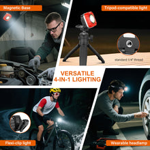 Load image into Gallery viewer, TOPEX 1000 Lumens Magnetic Base Rechargeable Work Light with 7 Light Modes & 10 Hours Runtime, IP64 Waterproof & Headlight, Detachable Head Lamp