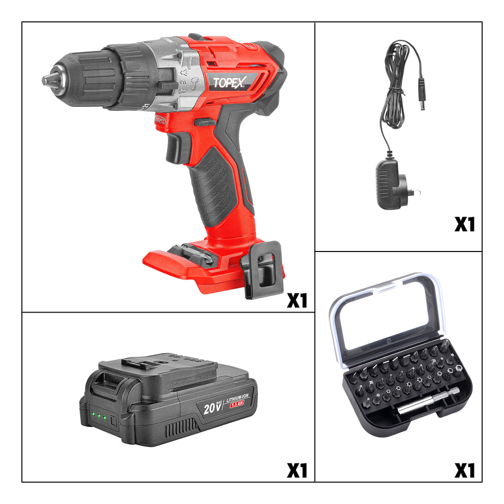 TOPEX 20V Max Cordless Hammer Drill w/ Li-Ion Battery & Screwdriver Bit Set