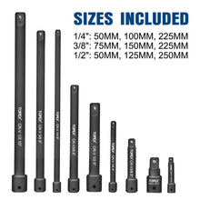 Load image into Gallery viewer, TOPEX 9-Piece Extension Bar Set 1/4" 3/8" and 1/2" Black Drive Socket Extensions