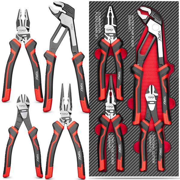 TOPEX 4 Piece Pliers Set (190 mm Diagonal Cutters, 200 mm Combination Pliers, 200 mm Long Nose Pliers, 250 mm Water Pump Pliers) for Demanding Tasks & Home Use