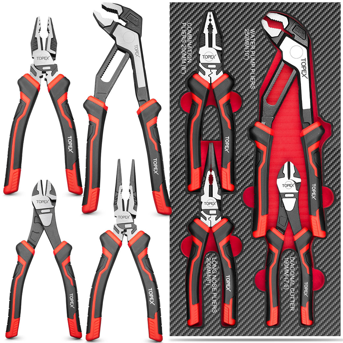TOPEX 4 Piece Pliers Set (190 mm Diagonal Cutters, 200 mm Combination ...