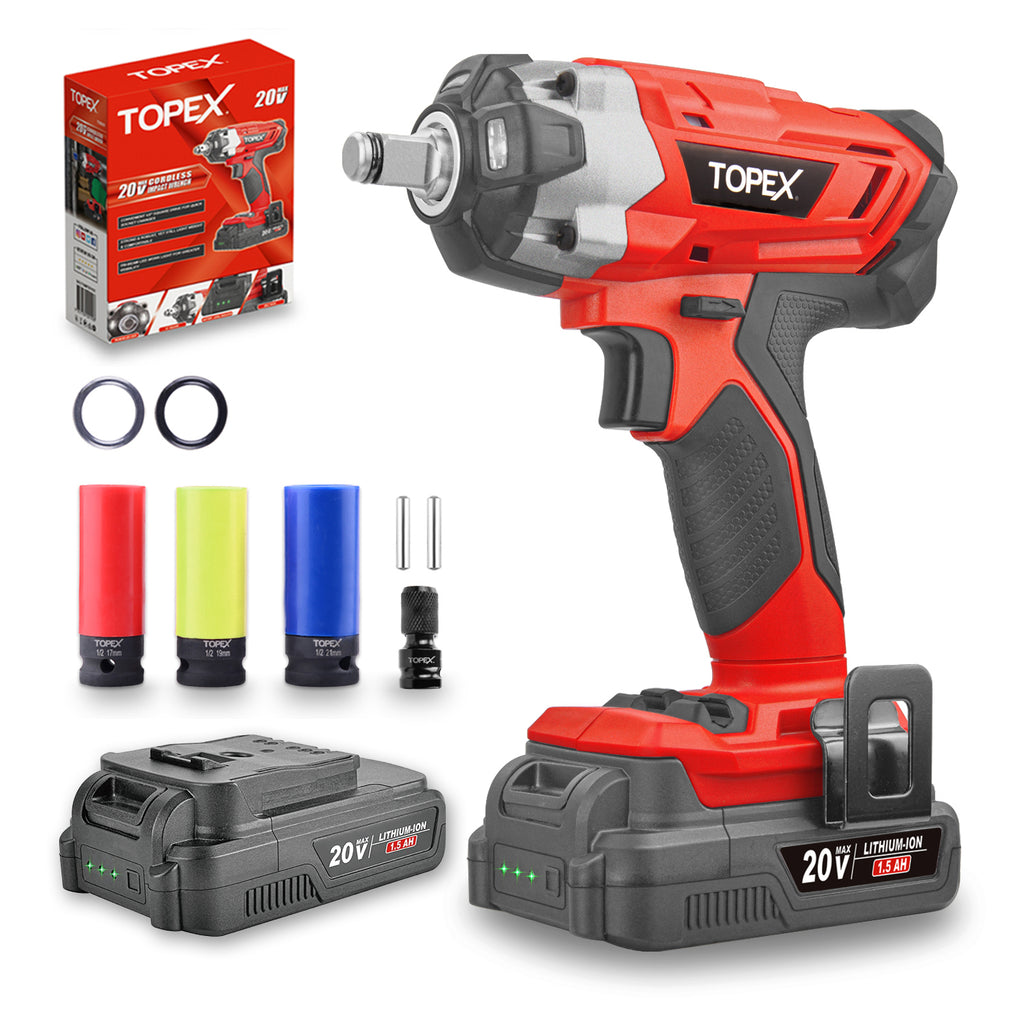 TOPEX 2 in 1 20V Cordless Impact Wrench Driver 1/2" w/ Sockets Battery & Charger