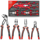 TOPEX 4 Piece Pliers Set (190 mm Diagonal Cutters, 200 mm Combination Pliers, 200 mm Long Nose Pliers, 250 mm Water Pump Pliers) for Demanding Tasks & Home Use