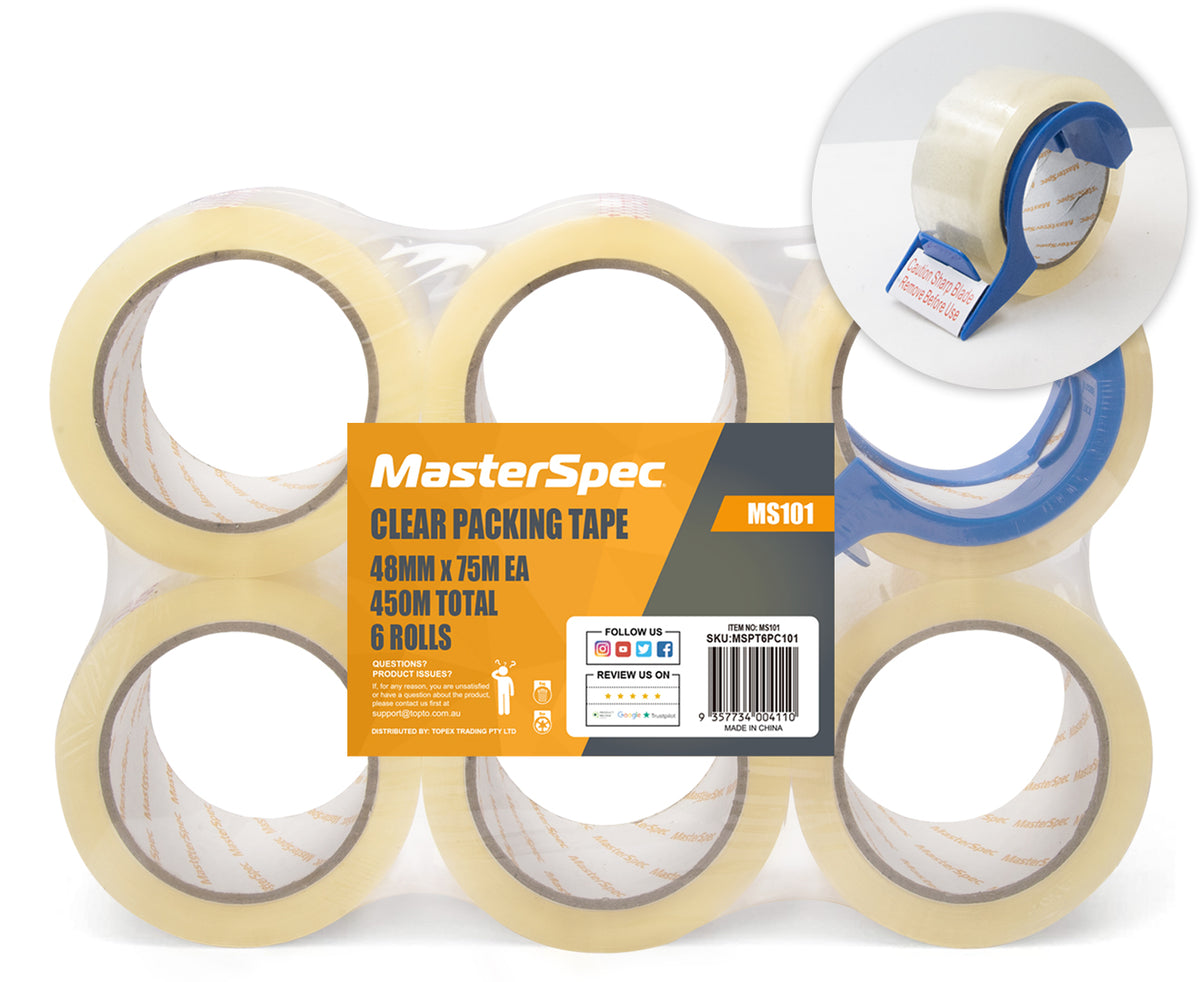 MasterSpec Clear Packing Tape - 6 Rolls, 450m Total Length, 48mm x 75m ...