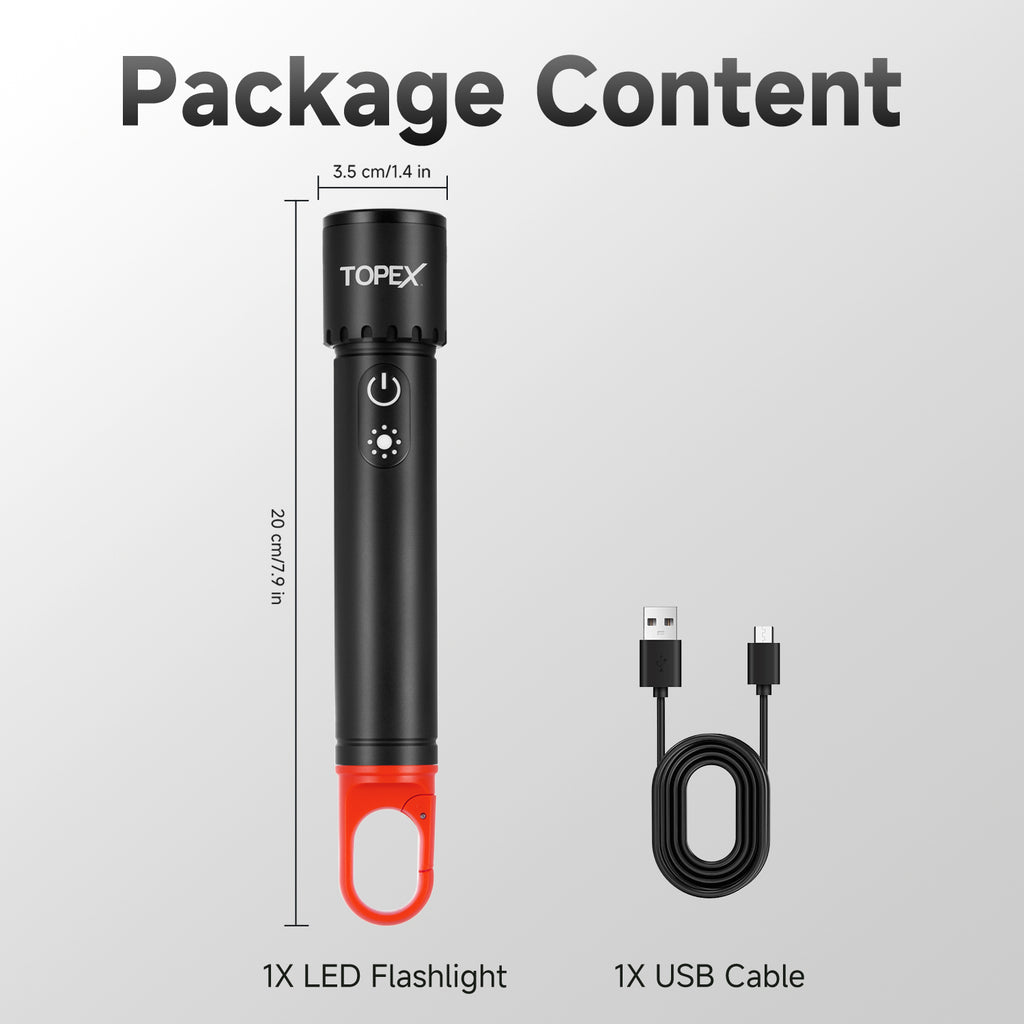TOPEX 2 Pack LED Torch Rechargeable, 800 Lumens, 600M Super Bright Adjustable Focus Flashlight, 9 Lighting Modes, Waterproof Torch for Camping, Outdoor