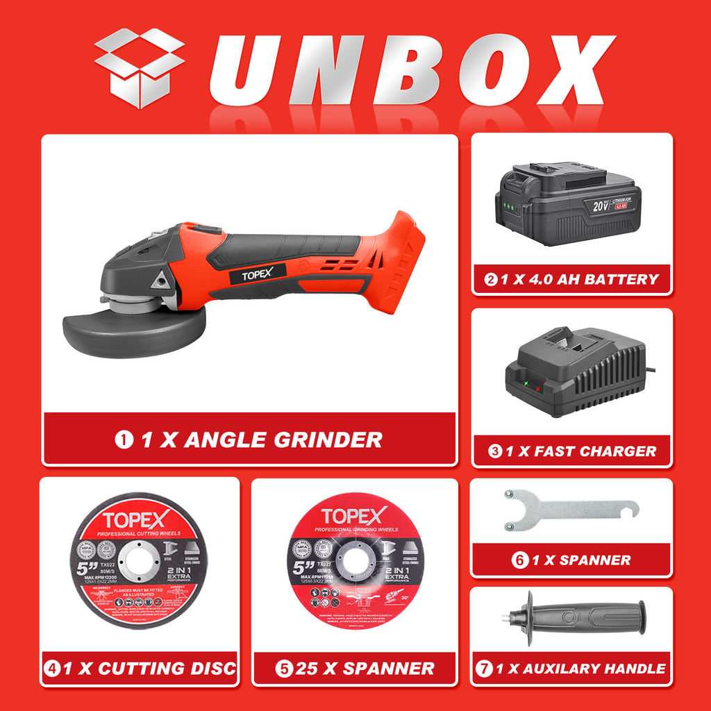 TOPEX 20V Cordless Angle Grinder 125mm Li-ion Grinding Cutting Power Tool w/ 25PCS Grinding Discs