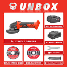 Load image into Gallery viewer, TOPEX 20V Cordless Angle Grinder 125mm Li-ion Grinding Cutting Power Tool w/ 25PCS Grinding Discs