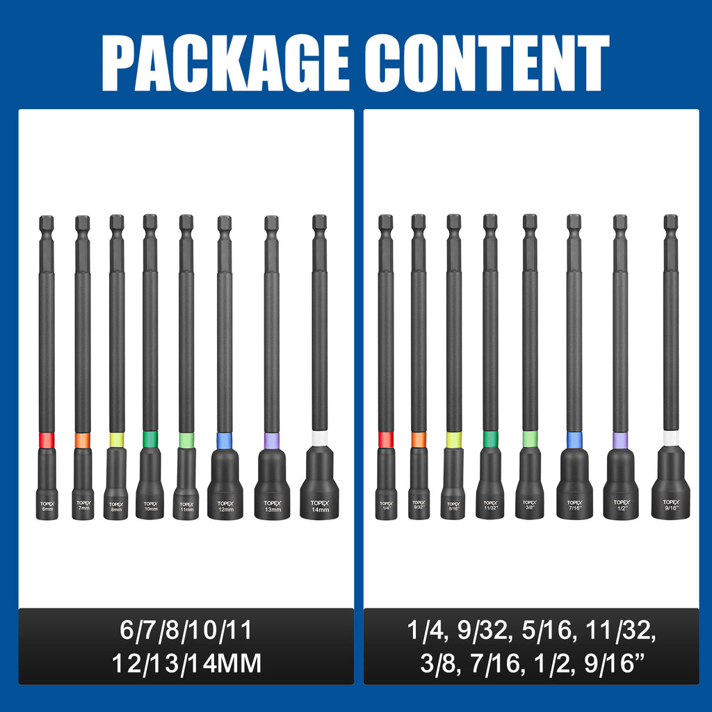 TOPEX 16Pcs Magnetic Impact Nut Driver Set Impact Grade Socket Extension Power Drill Bit Extensions Hex Shank Adapter Drill Nut Driver Tool Accessory