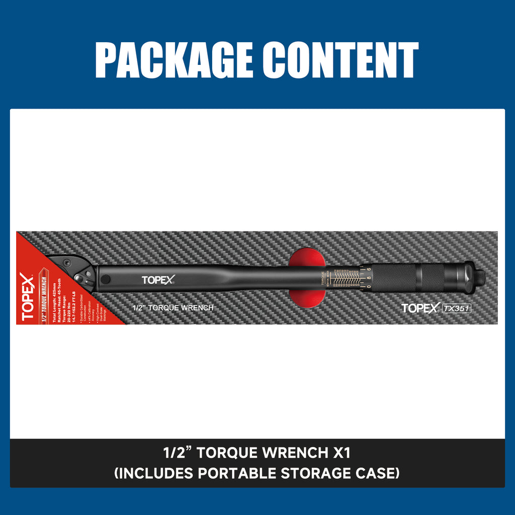 TOPEX 1/2" Torque Wrench, 20-220 Nm / 14.7-162.2 ft-lb, Dual Scale, Heavy Duty for Automotive & Mechanical Use
