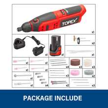 Load image into Gallery viewer, TOPEX 12V Cordless Rotary Tool Speed 5000-25000rpm With 12V 2.0Ah Lithium-Ion Battery&amp;14.4V /0.4A charger