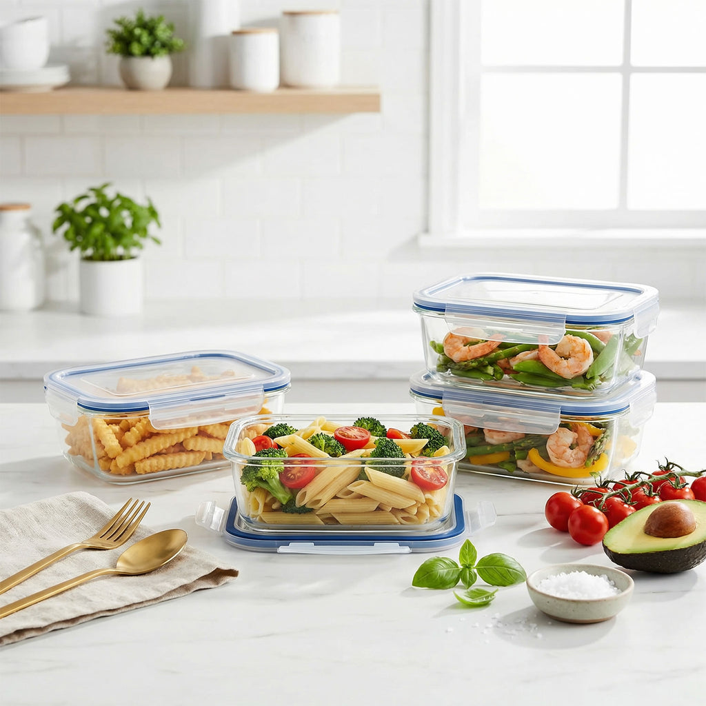 Stelive 5 Pack Glass Storage Food Containers, Glass Meal Prep Containers, Airtight Lunch Bento Boxes with Snap Locking Leakproof Lids, Reusable for Microwave