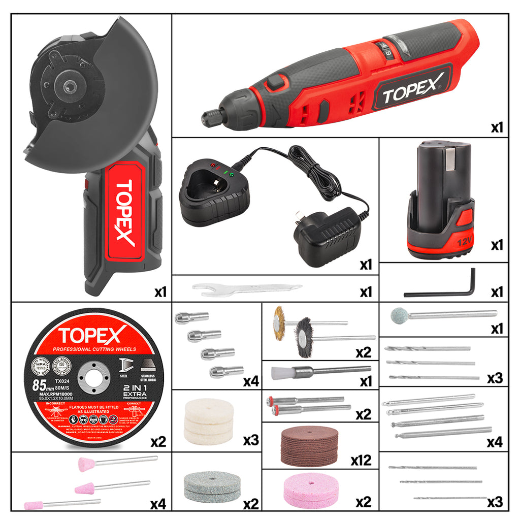 TOPEX 12V Cordless Rotary Tool  W/12V Cordless Angle Grinder & Lithium Battery